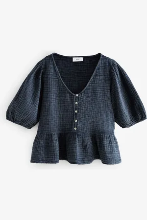 Next Indigo Wash Puff Short Sleeve Doublecloth 100% Cotton Blouse