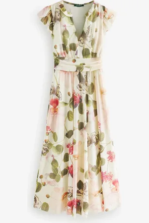 Next Tropical Kew Collection Pleated Mesh Print V-Neck Occasion Midi Dress