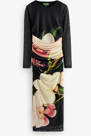 Next Placement Floral Kew Collection Long Sleeve Placement Floral Mesh Maxi Dress
