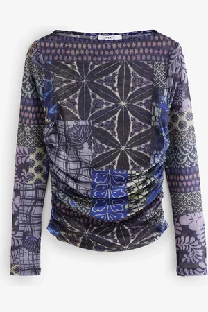 Next Patch Print Long Sleeve Ruched Side Mesh Top
