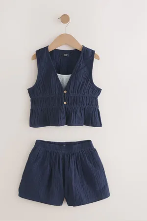 Next Blue 100% Cotton Waistcoat, Shorts And Vest Top Set (3-16yrs)