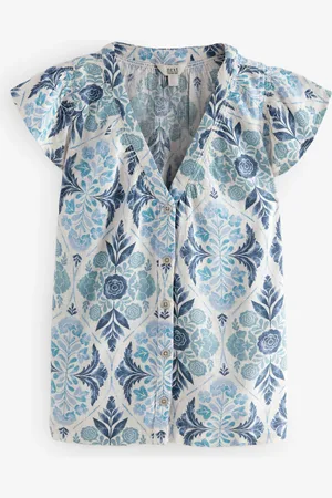 Next Floral Print Button Down Ruffle Sleeve Top