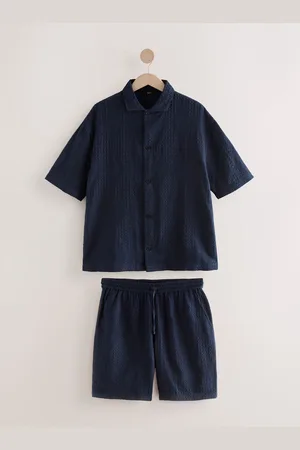 Next Blue Textured Woven Loungewear 100% Cotton Shorts Set