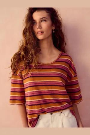 Next Stripe Linen Modal Blend Soft Touch Scoop Neck T-Shirt