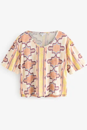Next Yellow/Ecru/ Striped Tile Print Linen Modal Blend Soft Touch Scoop Neck T-Shirt