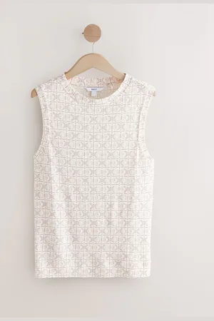 Next Ecru Tile Print Linen Modal Soft Touch Sleeveless Crew Neck Tank Vest Top