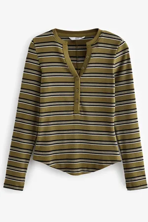 Next Khaki Ribbed Button Detail Long Sleeve Henley Top