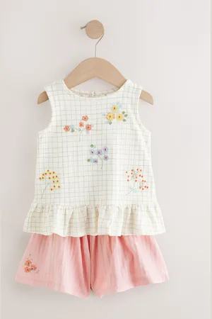 Next /Pink Embroidered Flowers Peplum 100% Cotton Vest and Shorts Set (3mths-7yrs)
