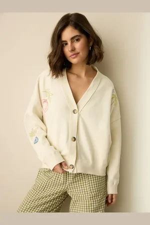 Next Ecru Relaxed Fit Button Down Embroidered Cardigan