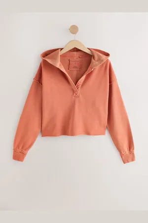 Next Orange Relaxed Fit Washed Cotton V-Neck Hoodie