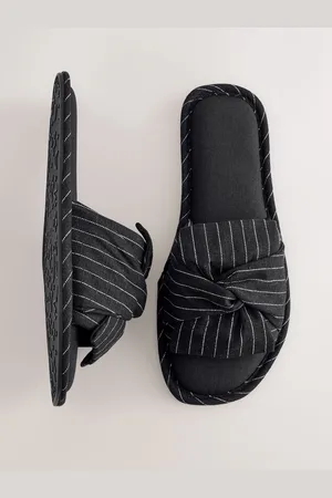 Next Pinstripe Linen Blend Bow Sliders Slippers