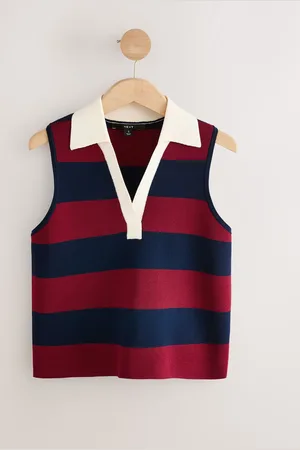 Next Burgundy Red Stripe Smart Knitted Sleeveless Polo Tank