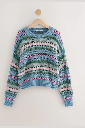 Next Stripe 100% Cotton Stitch Long Sleeve Crew Neck Knitted Jumper