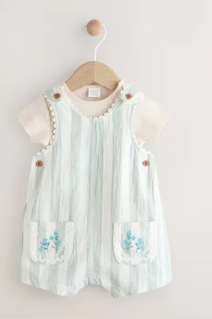 Next Mint Stripe Baby Short Sleeve Bodysuit and Dungarees Set (0mths-2yrs)