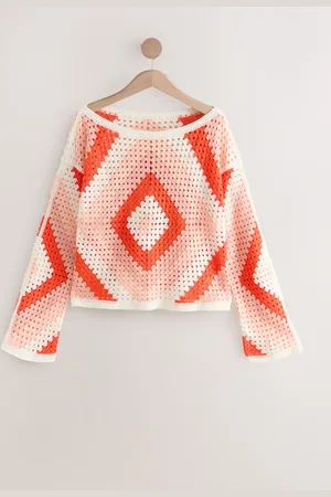Next Orange Square Crochet Long Sleeve Open Neck Jumper with Cotton