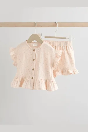 Next Beige Spot 100% Cotton Baby Shirt And Shorts Set (0mths-3yrs)