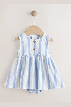 Next Blue/ Stripe Baby Broderie Woven Integral 100% Cotton Dress (0mths-2yrs)