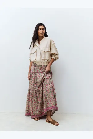 Next Green/ Flower Print 100% Cotton Tiered Maxi Skirt