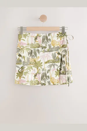 Next Ecru Jungle Print Linen Rich Wrap Mini Skirt