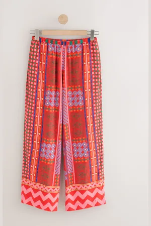 Next Red/ Print Wide Leg Trousers with Linen