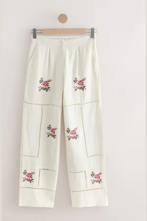 Next Embroidered Wide Leg Trousers With Linen