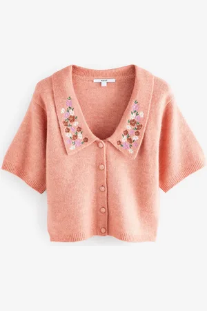 Next Peach Floral Embroidered Short Sleeve Collared Cardigan