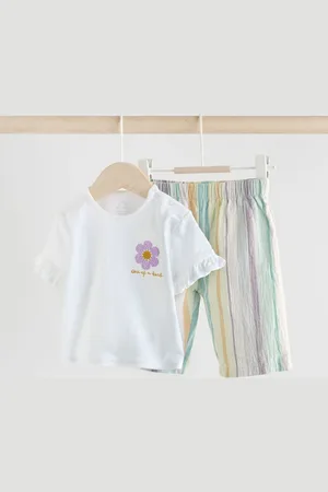 Next And Multi Stripe 100% Cotton T-Shirt and Wide Leg Trousers Set 2 Piece