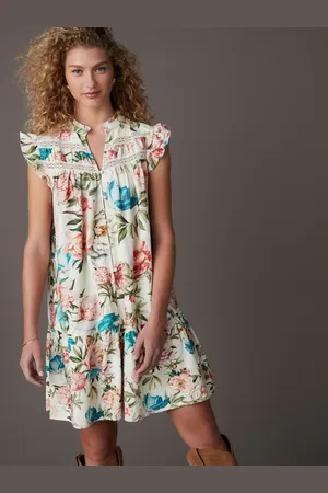 Next Cream/ /Pink Vintage Floral Print Boho Frill Detail Lace Insert Mini Dress with Linen