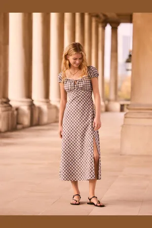 Next Blue Gingham Puff Sleeve Midi Dress