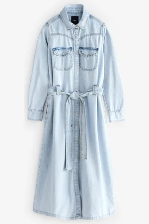 Next Bleach Tiered Seam Front Denim 100% Cotton Midi Dress
