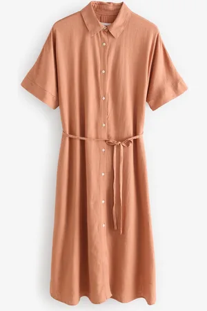 Next Terracotta Short Sleeve Tie Waist Midi Dress with Linen
