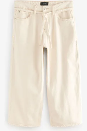 Next Ecru 100% Cotton Tie-Waist Cropped Wide Leg Jeans