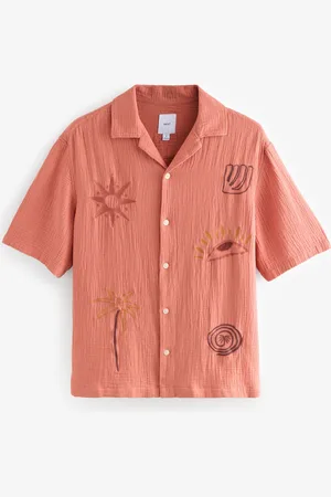 Next Coral Orange 100% Cotton Cheesecloth Embroidered Short Sleeve Shirt