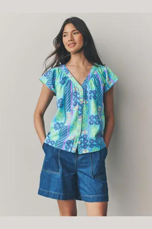 Next Abstract Print Button Down Ruffle Sleeve Top