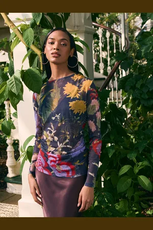 Next /Purple Floral Print Long Sleeve Ruched Side Mesh Top