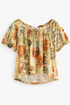 Next Yellow/ Floral Short Sleeve Ruched Neck Jersey 100% Cotton Blouse