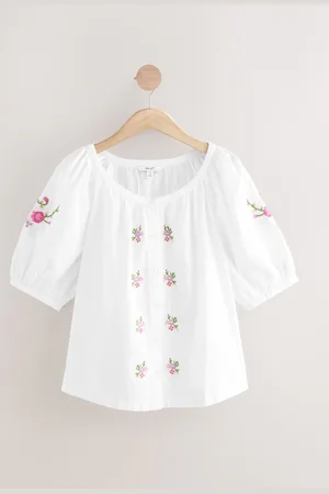 Next Floral Embroidered Puff Short Sleeve 100% Cotton Top