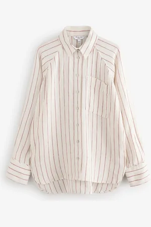 Next /Brown Stripe 100% Linen Button Down Relaxed Long Sleeve Shirt