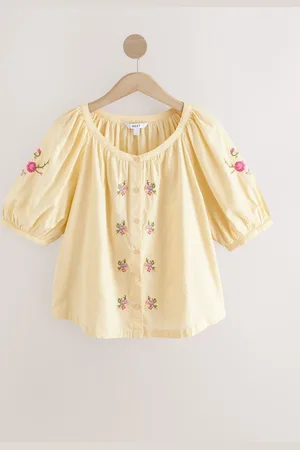 Next Buttermilk Yellow Floral Embroidered Puff Short Sleeve 100% Cotton Top