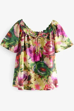 Next Multi Floral Print Short Sleeve Tie Neck Bardot Top
