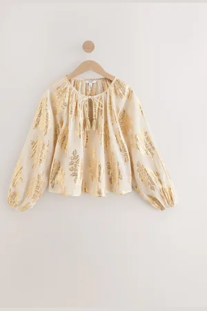 Next Metalic Floral Print Volume Long Sleeve Tie Neck Blouse