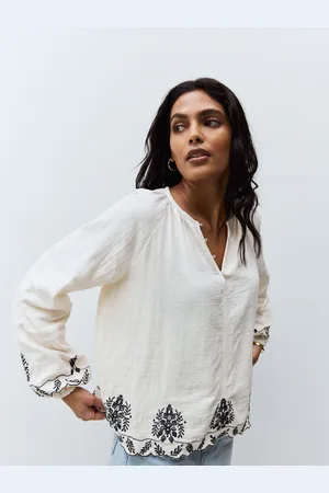 Next Cream/ Long Sleeve Embroidered Scallop Hem Blouse