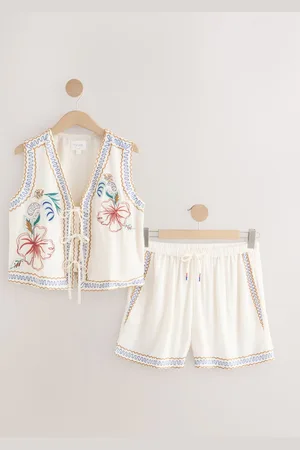 Next Ecru Embroidered Tie Vest Short Set Pyjamas