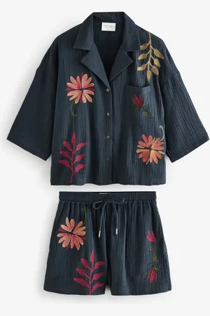 Next Embroidered 100% Cotton Crinkle Button Through Short Set Pyjamas