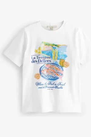 Next Ecru Coastal Scene Beaded Graphic Heavyweight Short Sleeve Provence Graphic Crew Neck T-Shirt