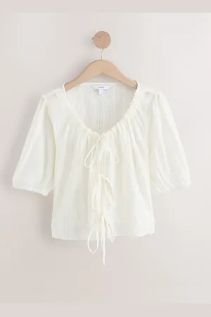 Next /Gold Metallic Stripe Tie Front Puff Short Sleeve Top