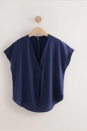 Next Blue Relaxed Fit Short Sleeve Overhead V-Neck Blouse