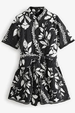 Next /White Mini Broderie Short Sleeve Tie Waist 100% Cotton Shirt Dress