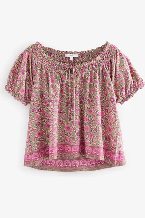Next Green/ Floral Border Print Short Sleeve Ruched Neck Jersey 100% Cotton Blouse