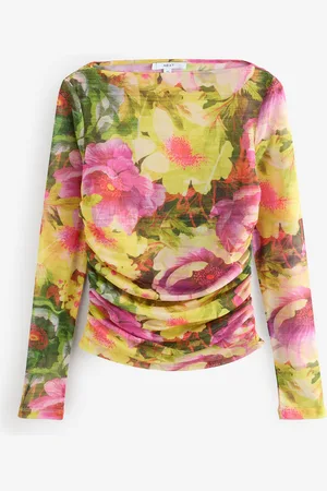Next /Green Floral Long Sleeve Ruched Side Mesh Top